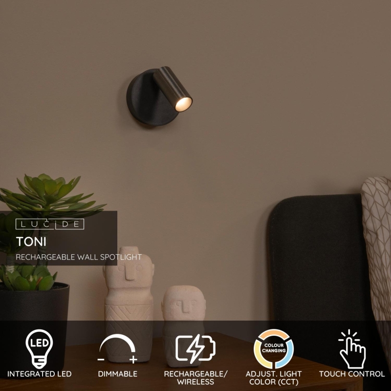Lucide TONI - Rechargeable Wall spotlight / Wall light - Battery pack - Ø 8,1 cm - LED Dim. - CCT - 1x2W 2700K/4000K - Magnetic - Grey iron